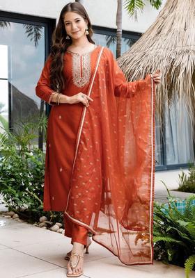 Rust Embroidered Silk Kurta Set