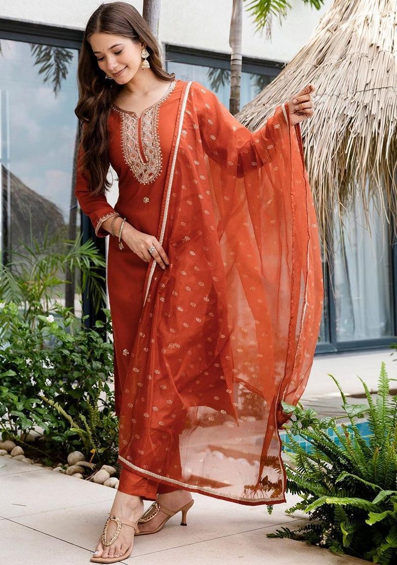 Rust Embroidered Silk Kurta Set - Indya