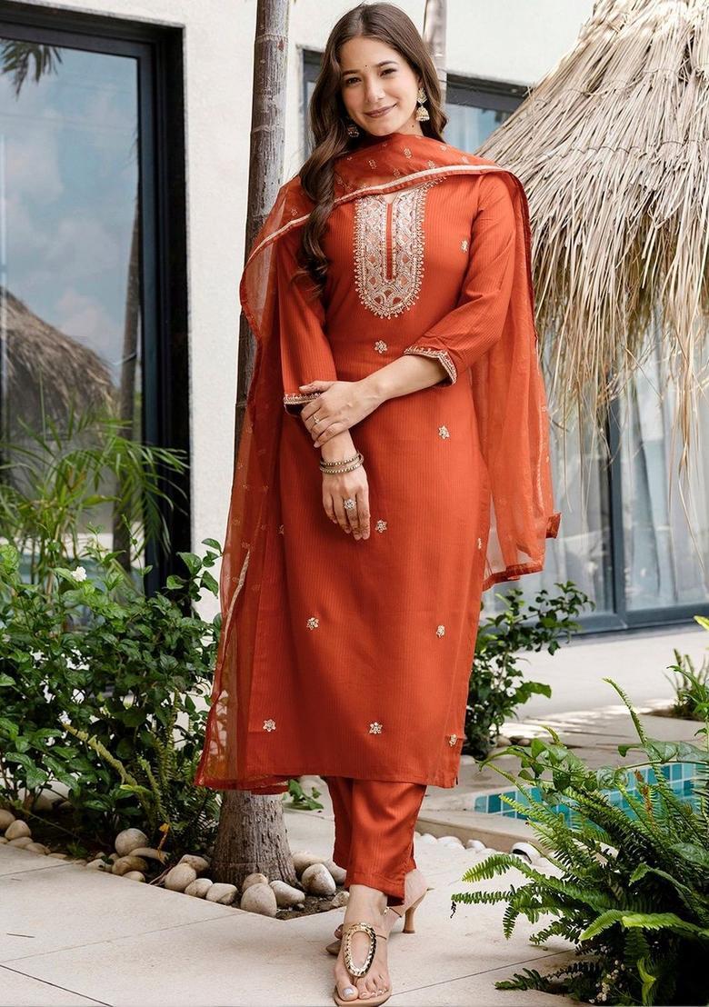 Rust Embroidered Silk Kurta Set - Indya