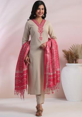 Pink Embroidered Cotton Kurta Set