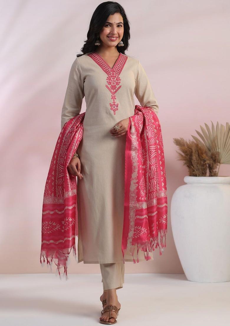 Pink Embroidered Cotton Kurta Set - Indya