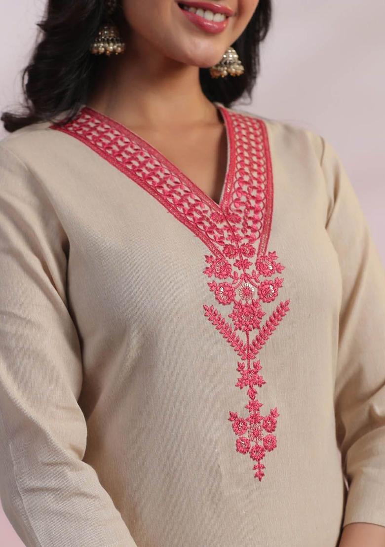 Pink Embroidered Cotton Kurta Set - Indya