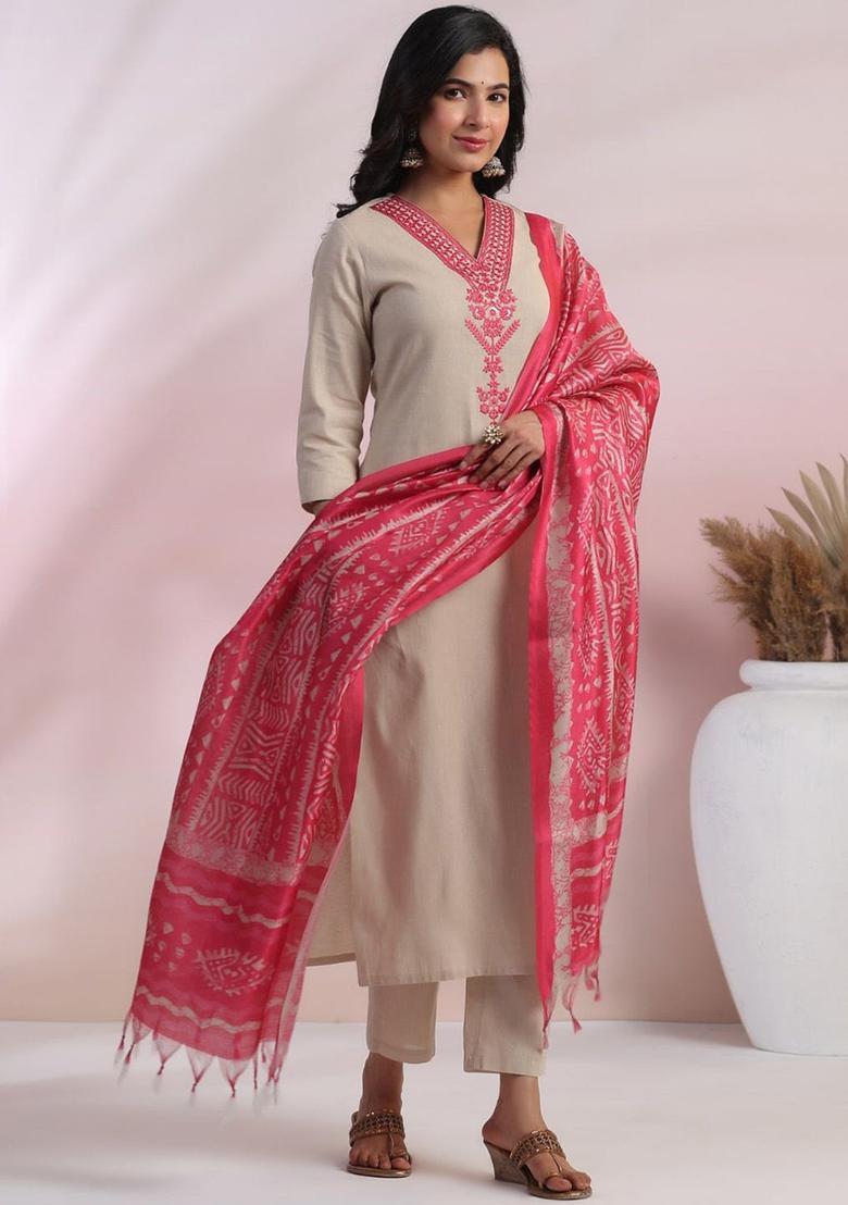 Pink Embroidered Cotton Kurta Set - Indya
