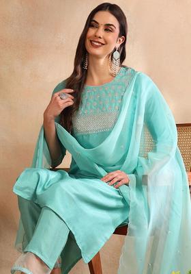 Sea Green Embroidered Silk Kurta Set
