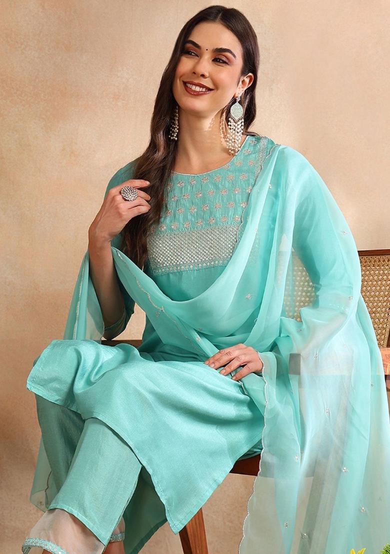 Sea Green Embroidered Silk Kurta Set - Indya
