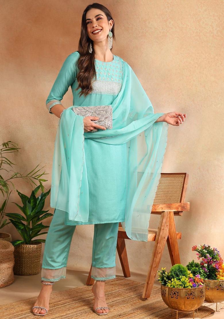 Sea Green Embroidered Silk Kurta Set - Indya