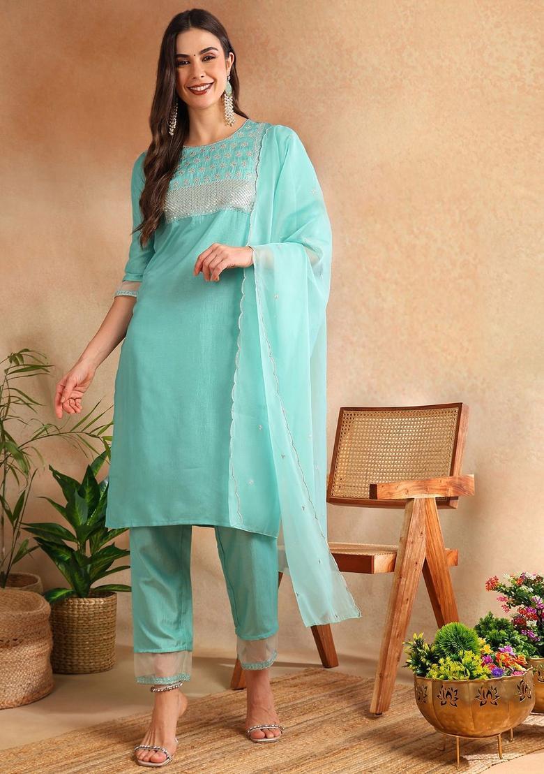 Sea Green Embroidered Silk Kurta Set - Indya