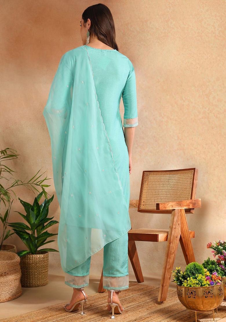 Sea Green Embroidered Silk Kurta Set - Indya