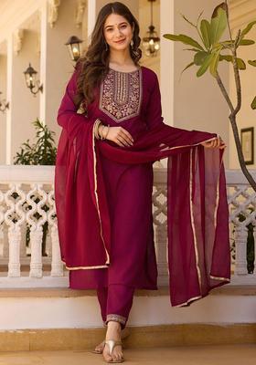 Maroon Embroidered Viscose Kurta Set