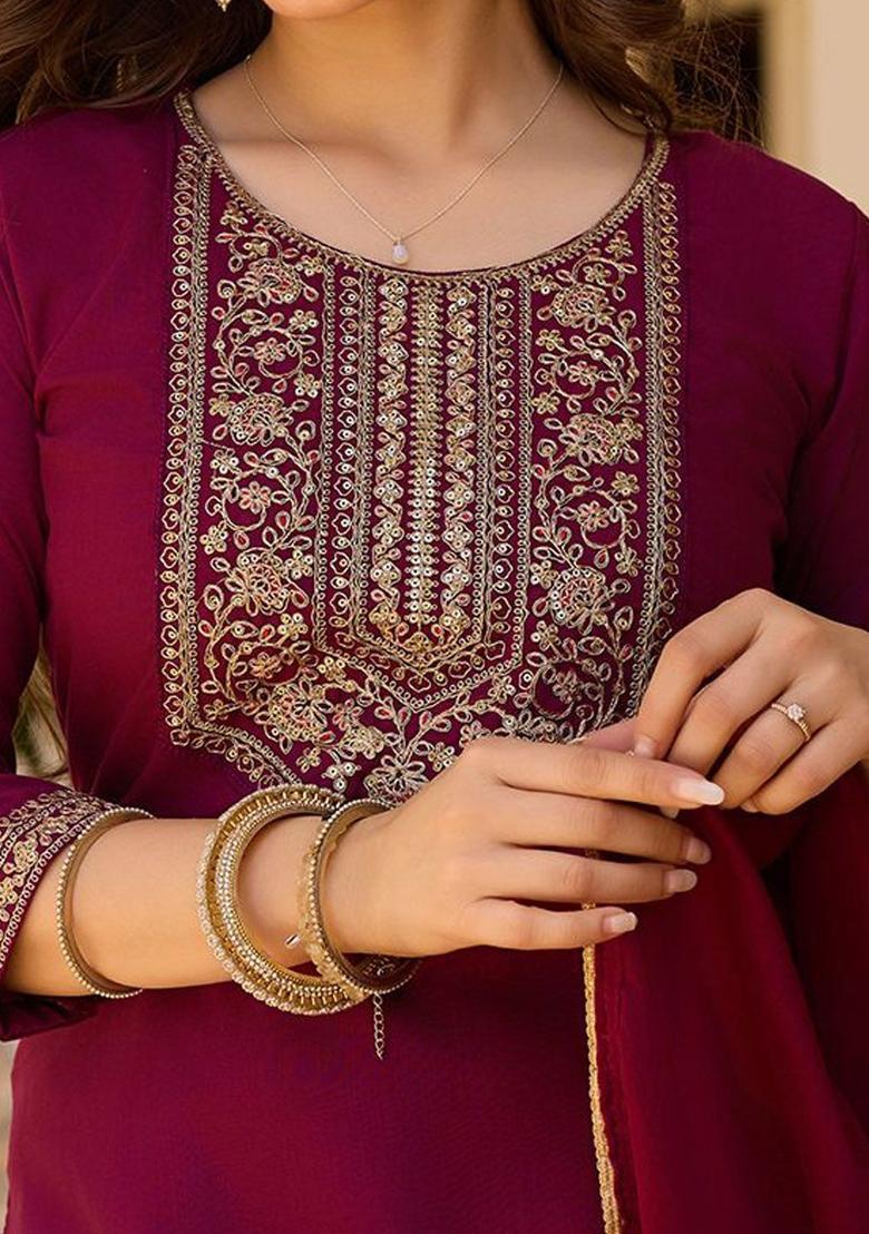Maroon Embroidered Viscose Kurta Set - Indya