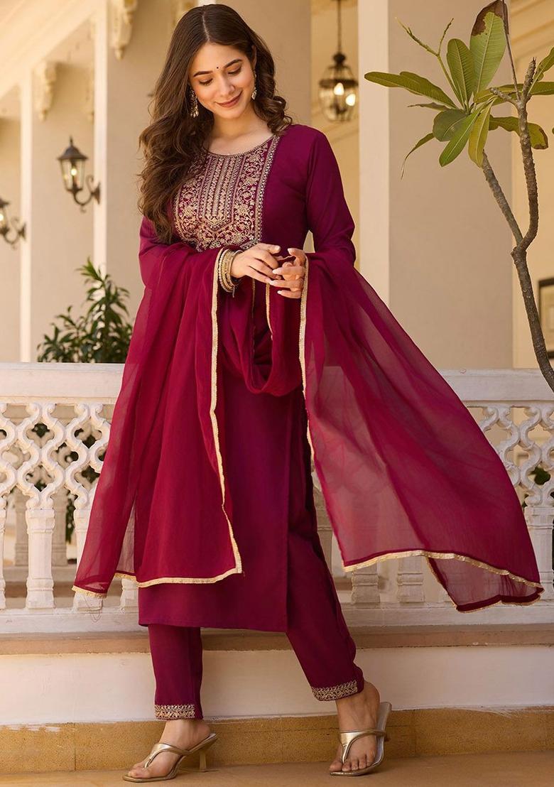 Maroon Embroidered Viscose Kurta Set - Indya