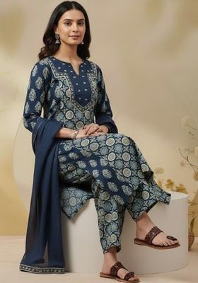 Navy Blue Printed Cotton Kurta Set