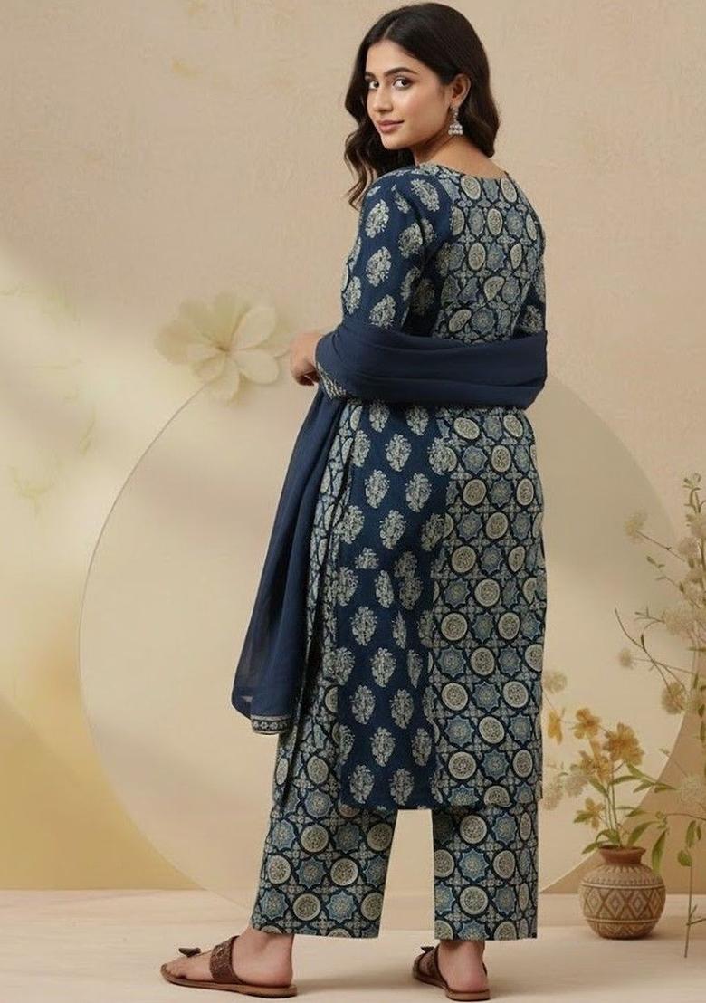 Navy Blue Printed Cotton Kurta Set - Indya