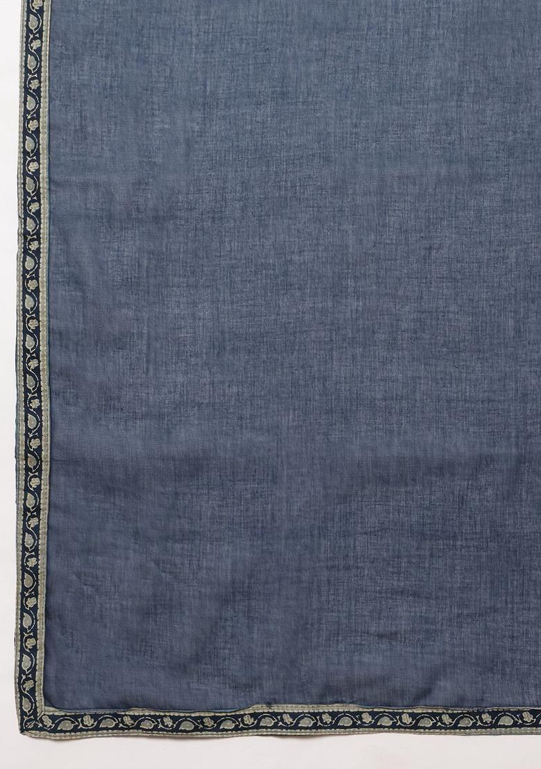 Navy Blue Printed Cotton Kurta Set - Indya