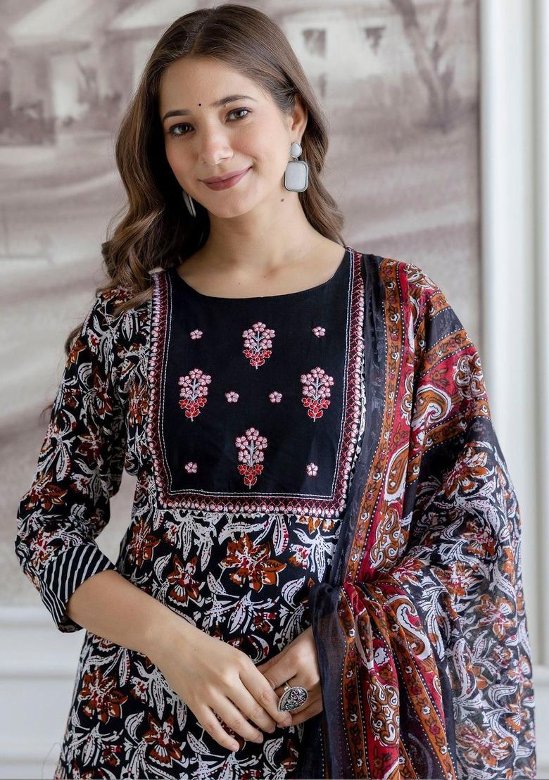 Black Printed Viscose Kurta Set - Indya