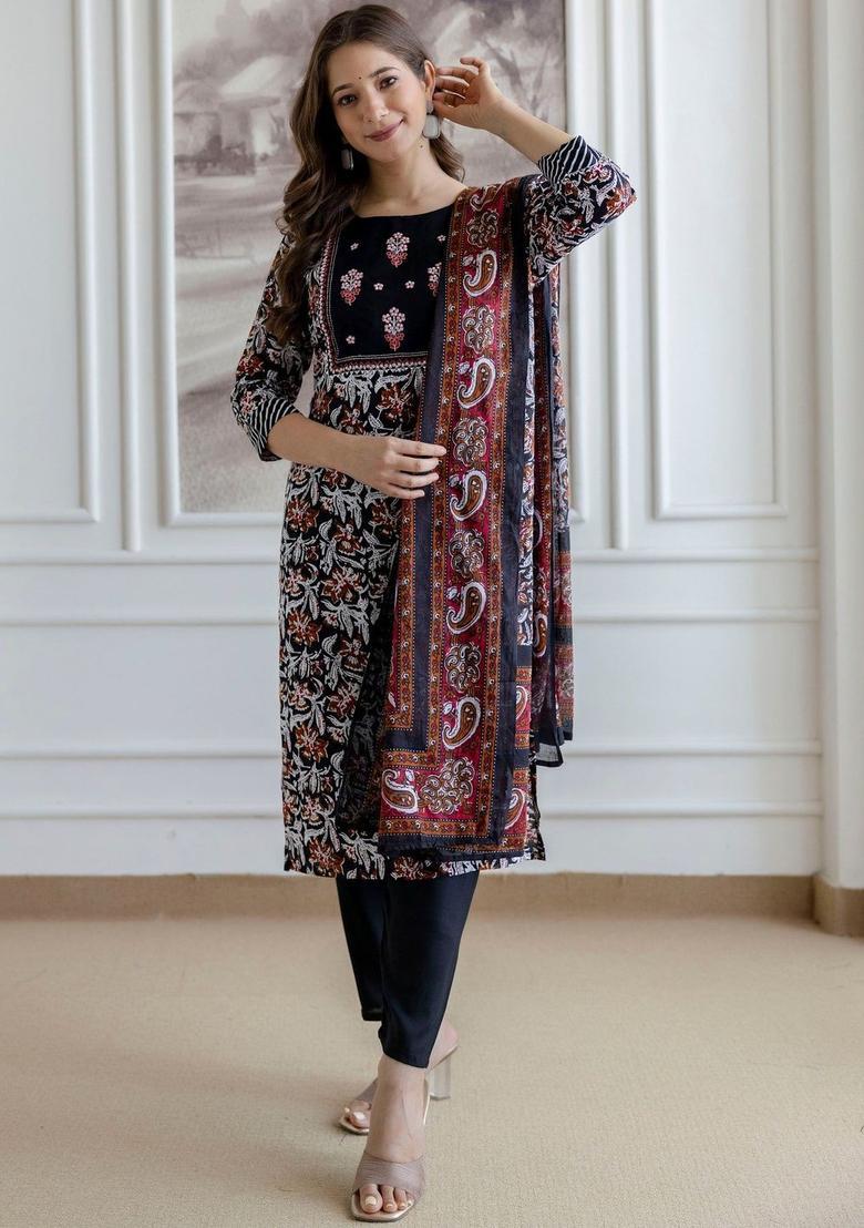Black Printed Viscose Kurta Set - Indya