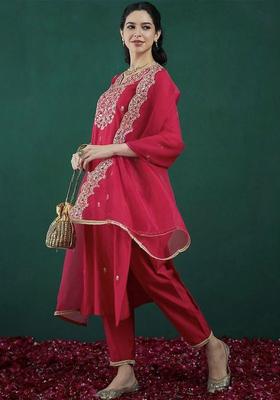 Fuchsia Embroidered Silk Kurta Set