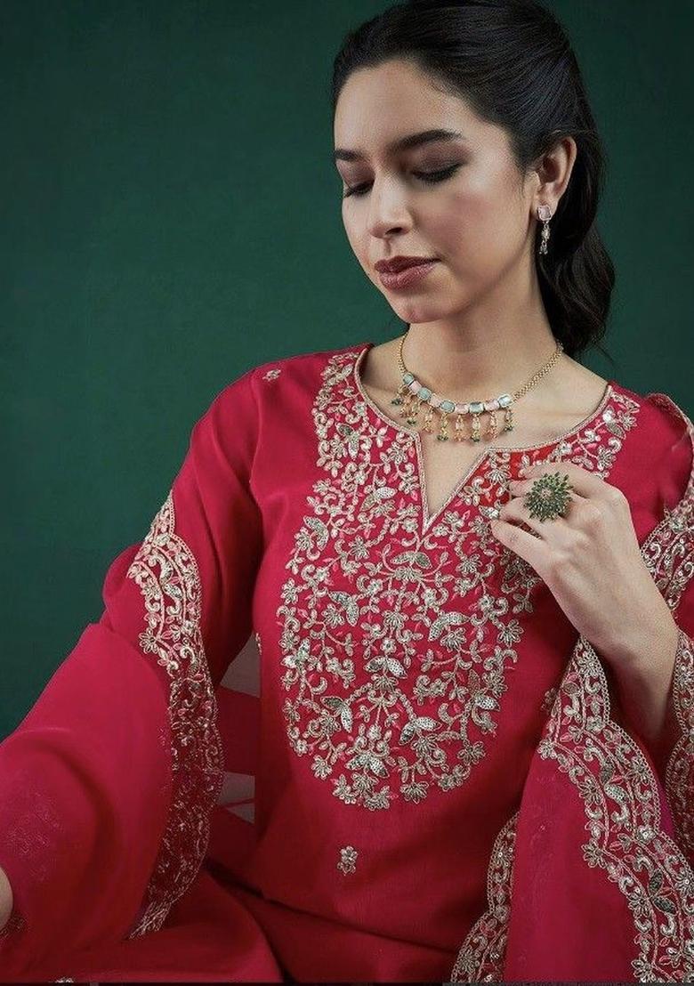 Fuchsia Embroidered Silk Kurta Set - Indya