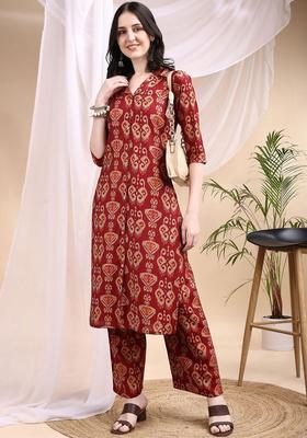 Red Printed Silk Kurta Set