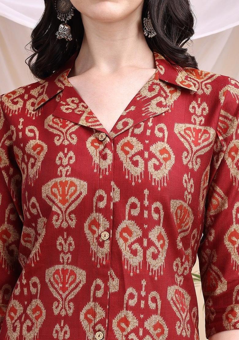Red Printed Silk Kurta Set - Indya