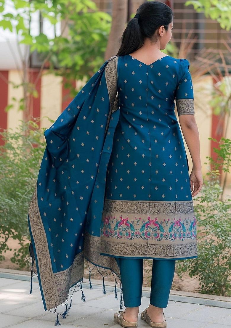 Blue Woven Design Silk Kurta Set - Indya
