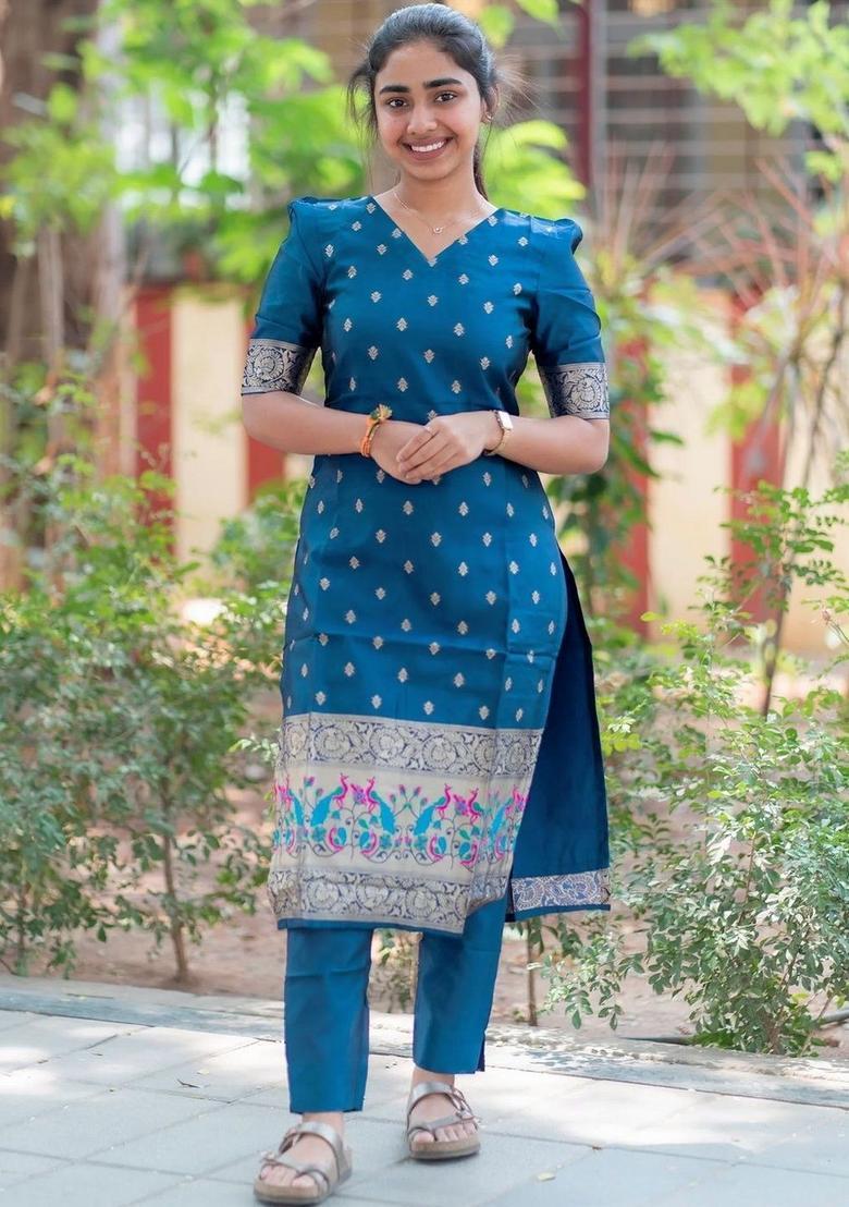 Blue Woven Design Silk Kurta Set - Indya