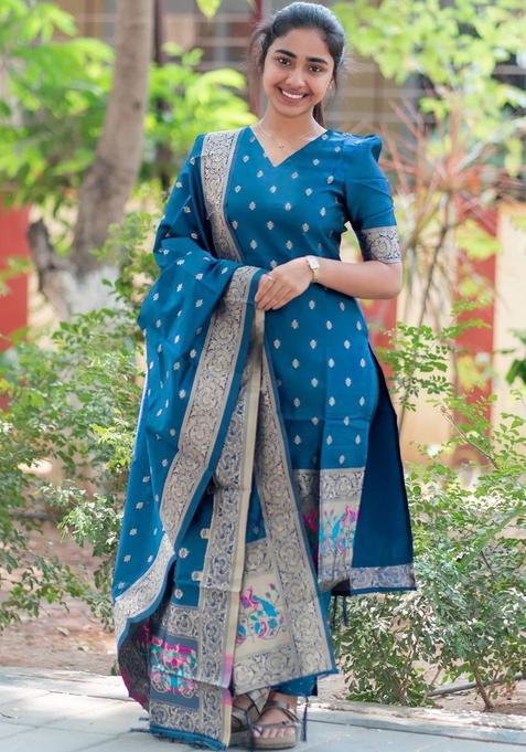 Blue Woven Design Silk Kurta Set — view on Indya