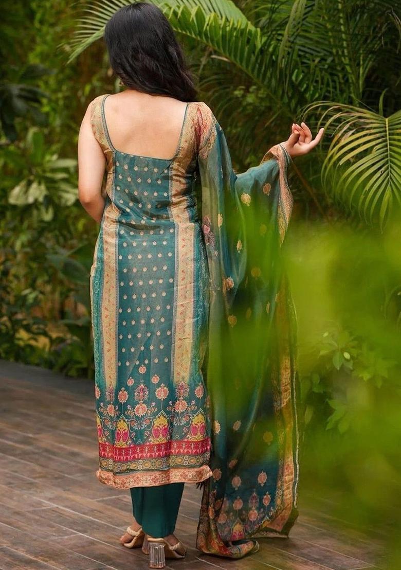 Teal Printed Silk Kurta Set - Indya