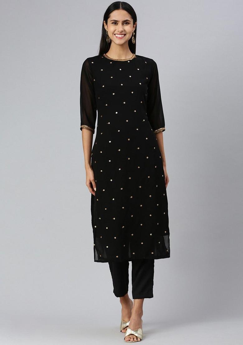 Black Embroidered Georgette Kurta Set - Indya