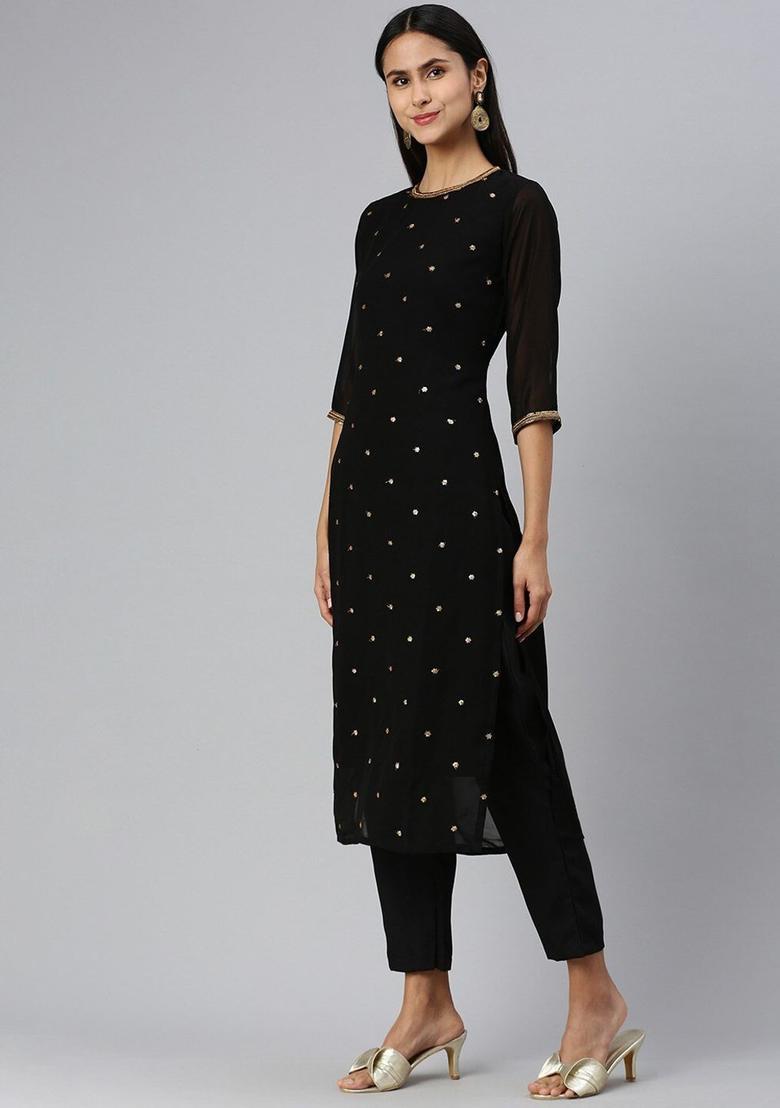 Black Embroidered Georgette Kurta Set - Indya