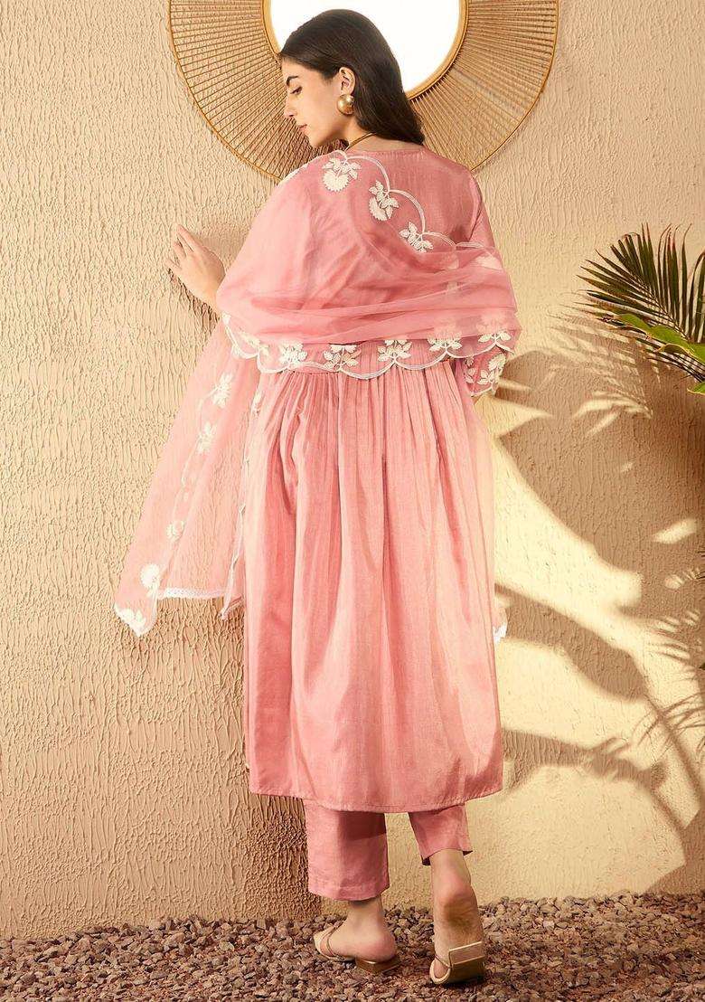 Peach Embroidered Silk Kurta Set - Indya