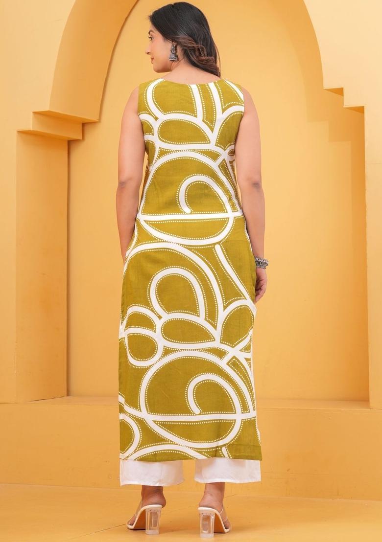 Olive Printed Viscose Kurta Set - Indya