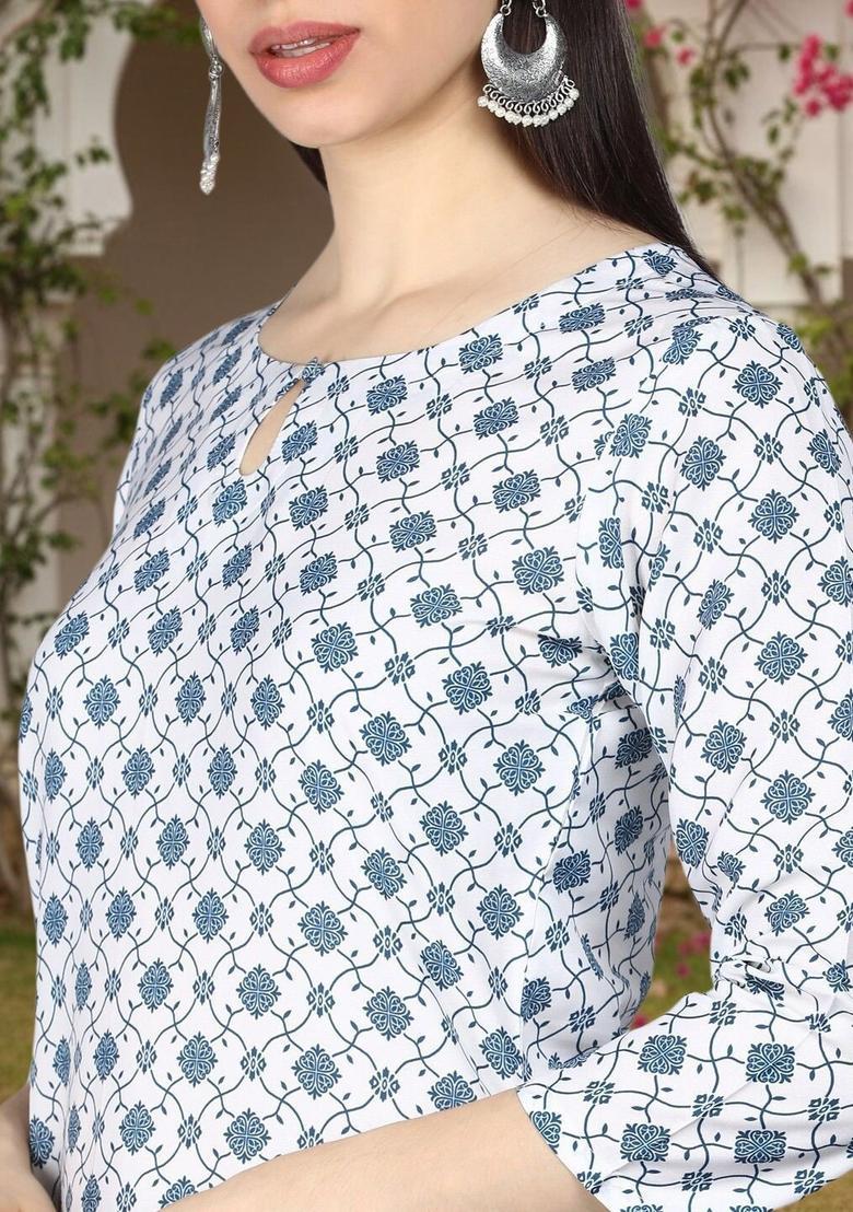White Printed Polyester Kurta Set - Indya