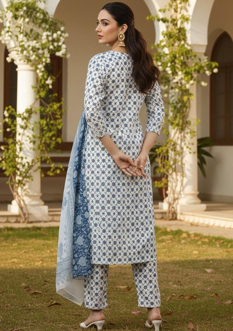 White Printed Polyester Kurta Set - Indya