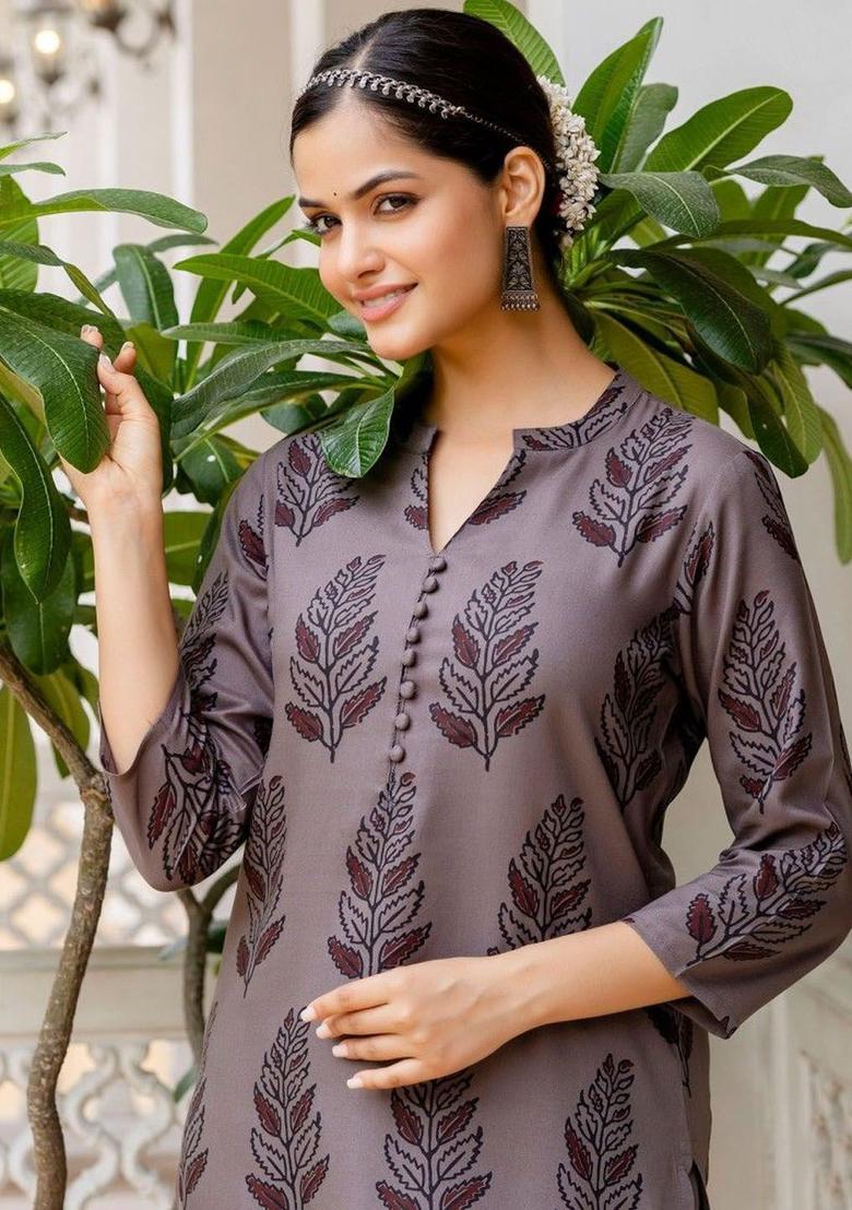 Grey Printed Viscose Kurta Set - Indya