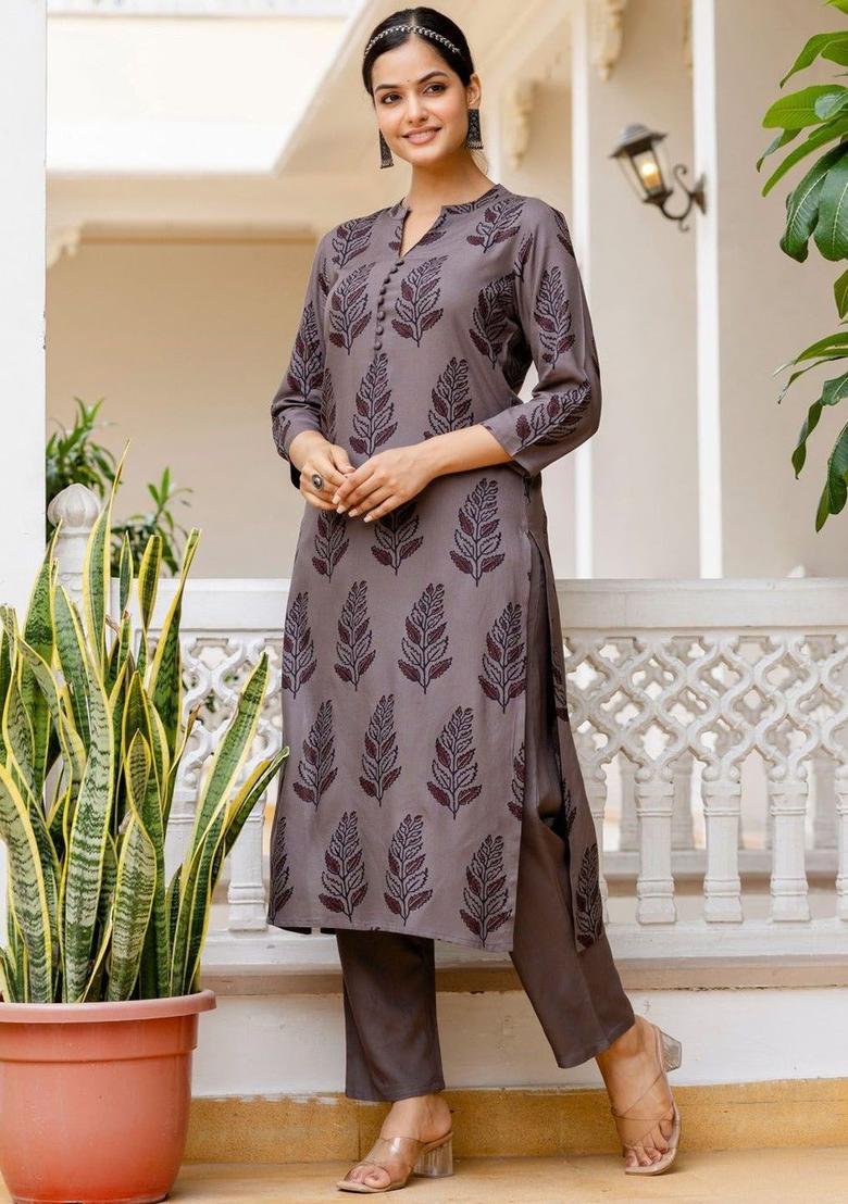 Grey Printed Viscose Kurta Set - Indya