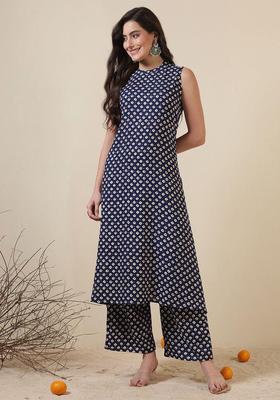 Navy Blue Printed Viscose Kurta Set