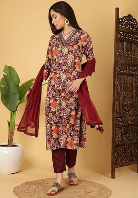 Maroon Printed Cotton Kurta Set