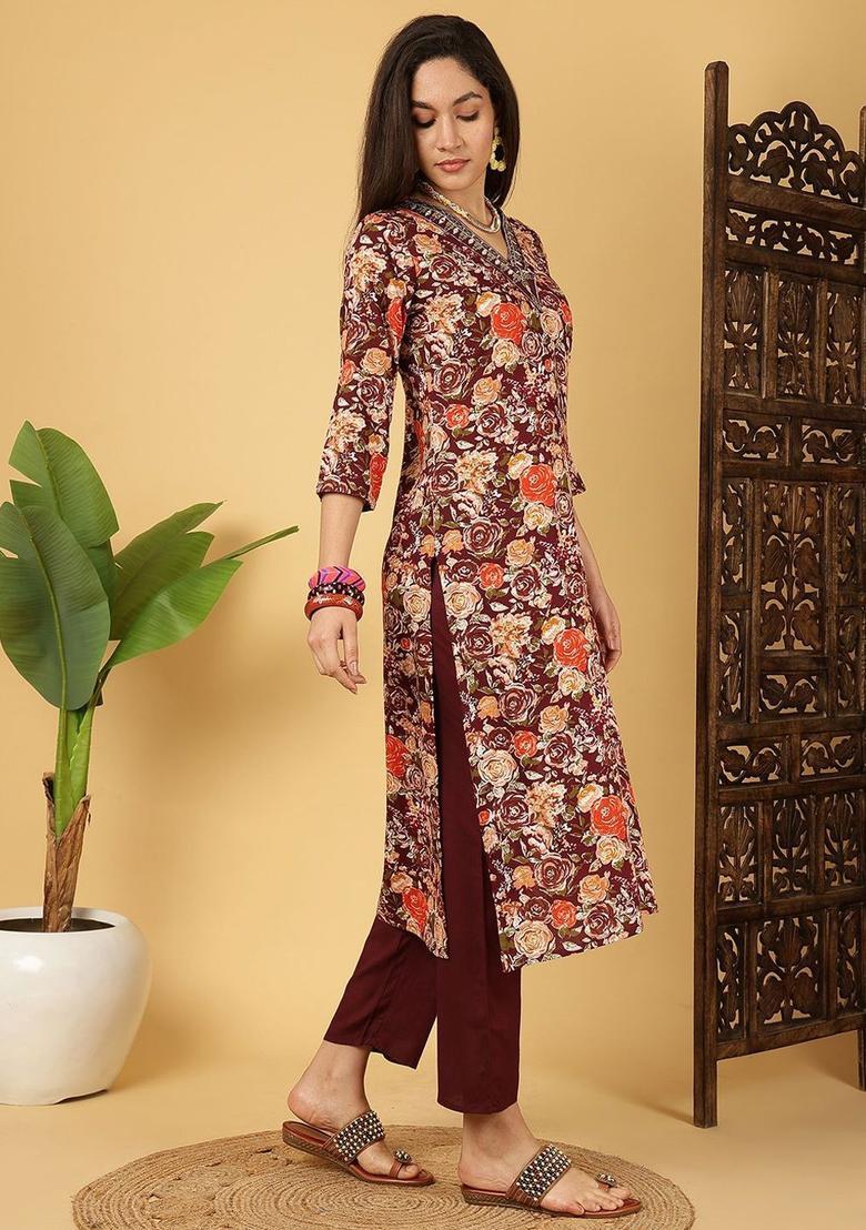 Maroon Printed Cotton Kurta Set - Indya