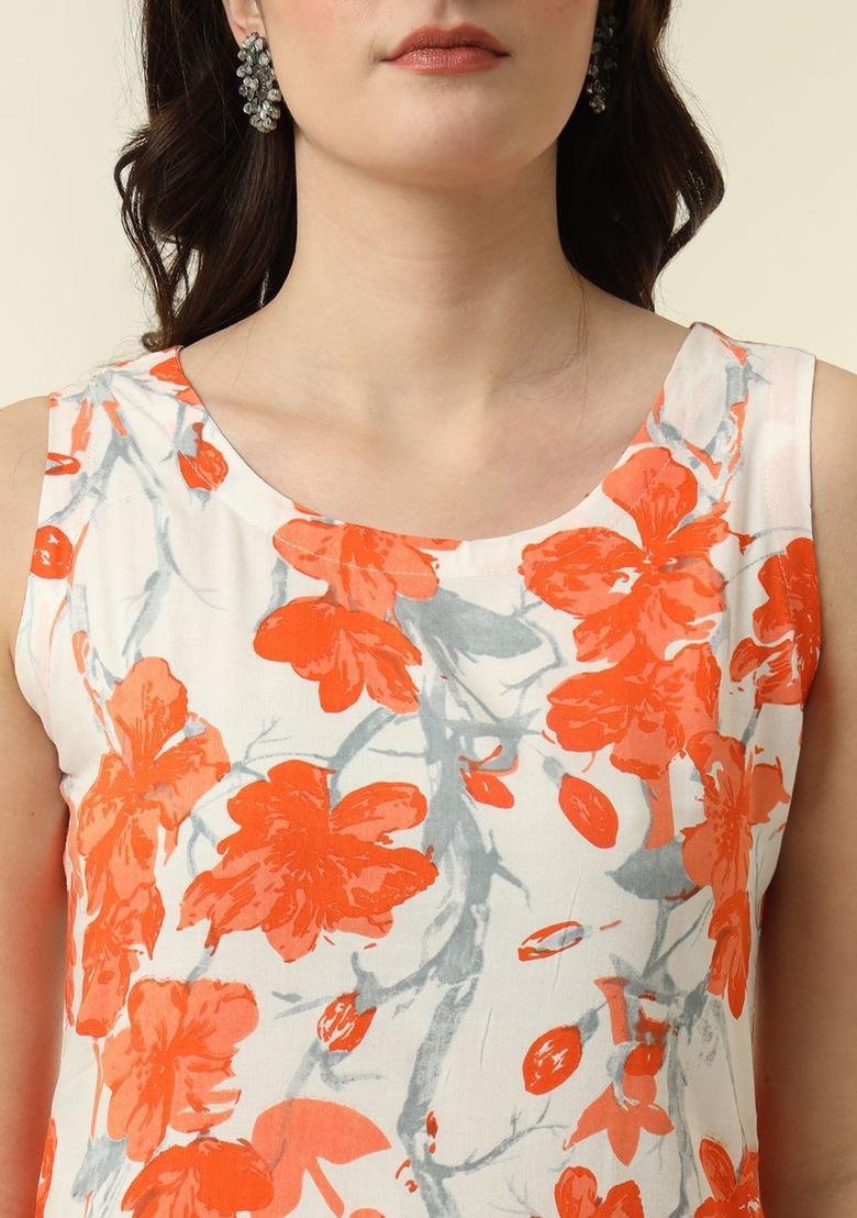 Orange Printed Viscose Kurta Set - Indya