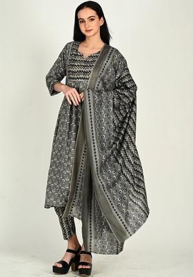 Grey Printed Cotton Kurta Set