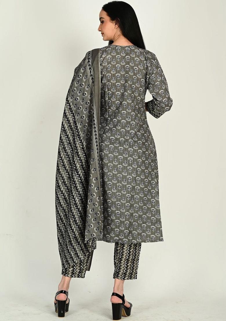 Grey Printed Cotton Kurta Set - Indya