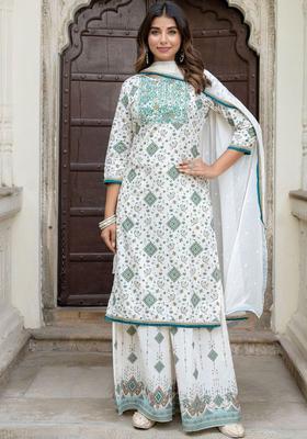 White Printed Silk Kurta Set