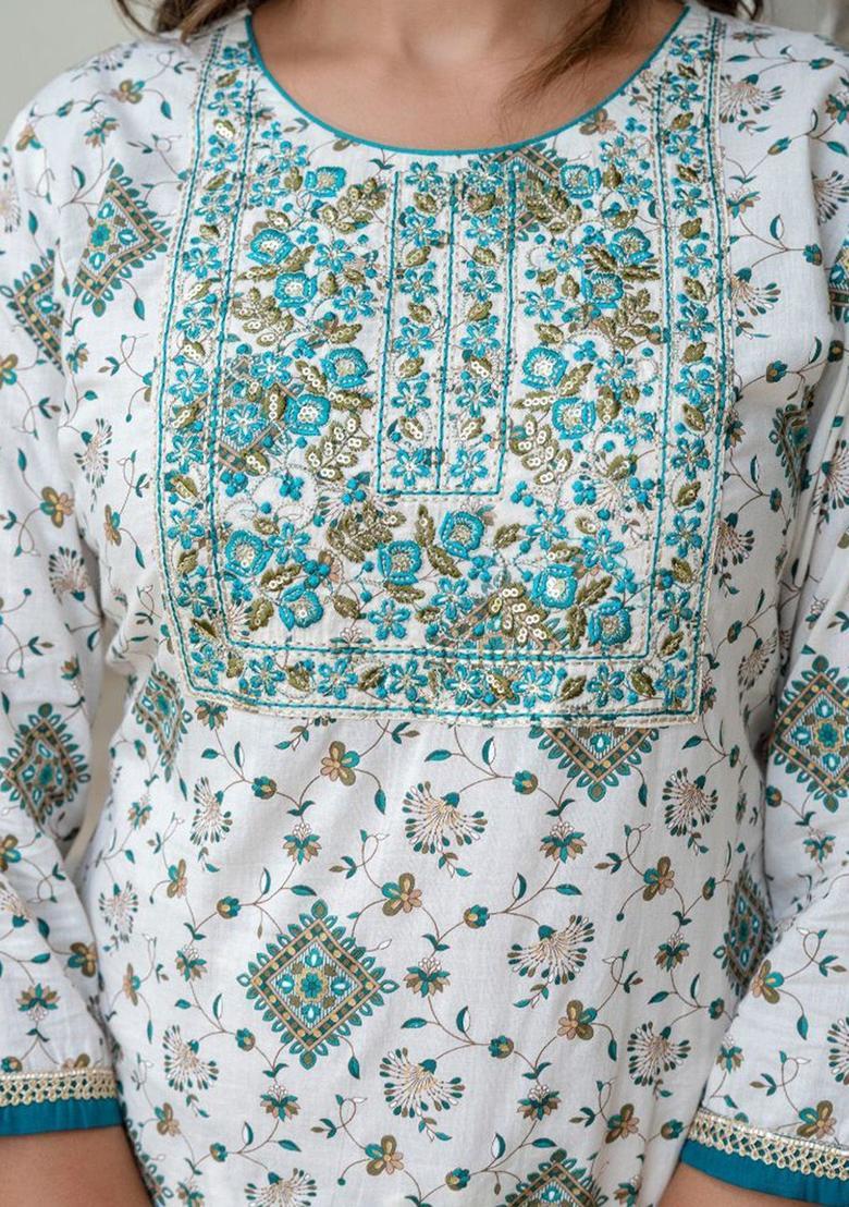White Printed Silk Kurta Set - Indya