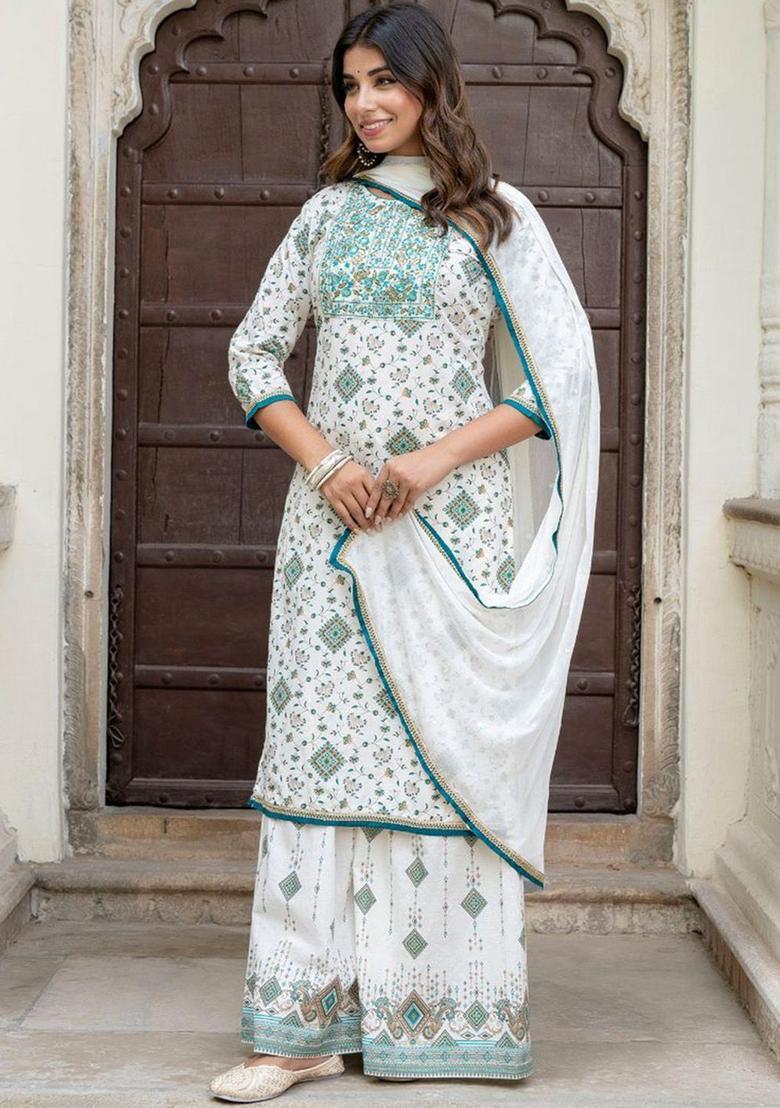 White Printed Silk Kurta Set - Indya