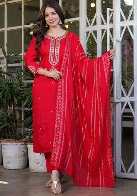 Red Embroidered Silk Kurta Set