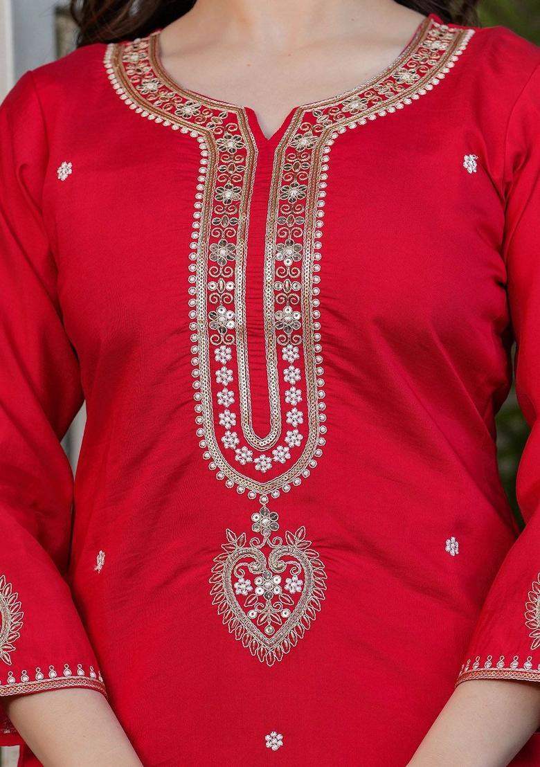 Red Embroidered Silk Kurta Set - Indya
