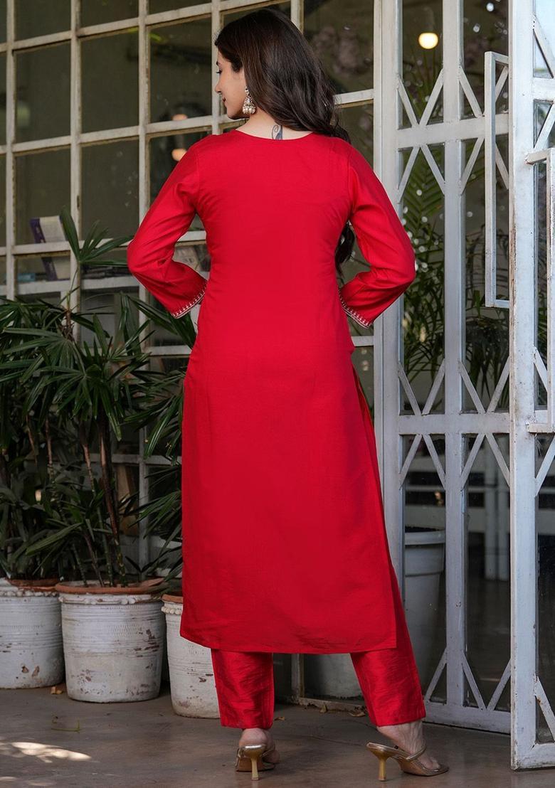 Red Embroidered Silk Kurta Set - Indya
