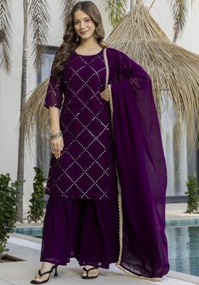 Purple Printed Georgette Kurta Set