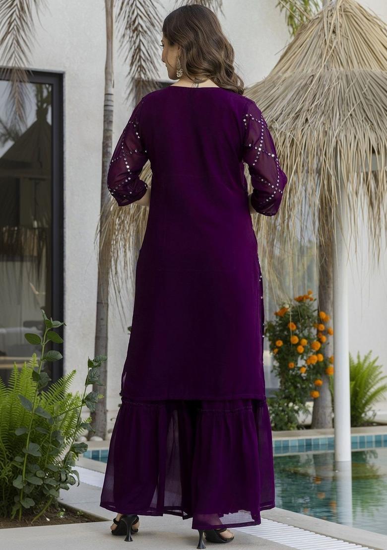 Purple Printed Georgette Kurta Set - Indya